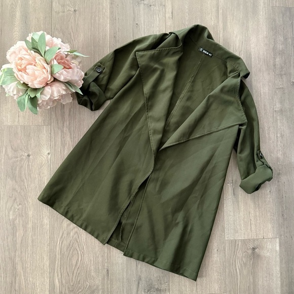 New SHEIN Olive Green Open Blazer Trench Cardigan Jacket - Picture 2 of 5
